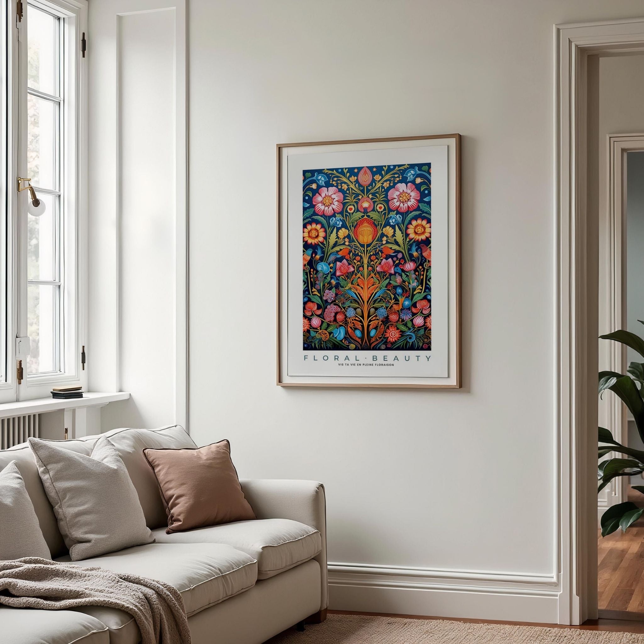 a living room with a couch and a painting on the wall