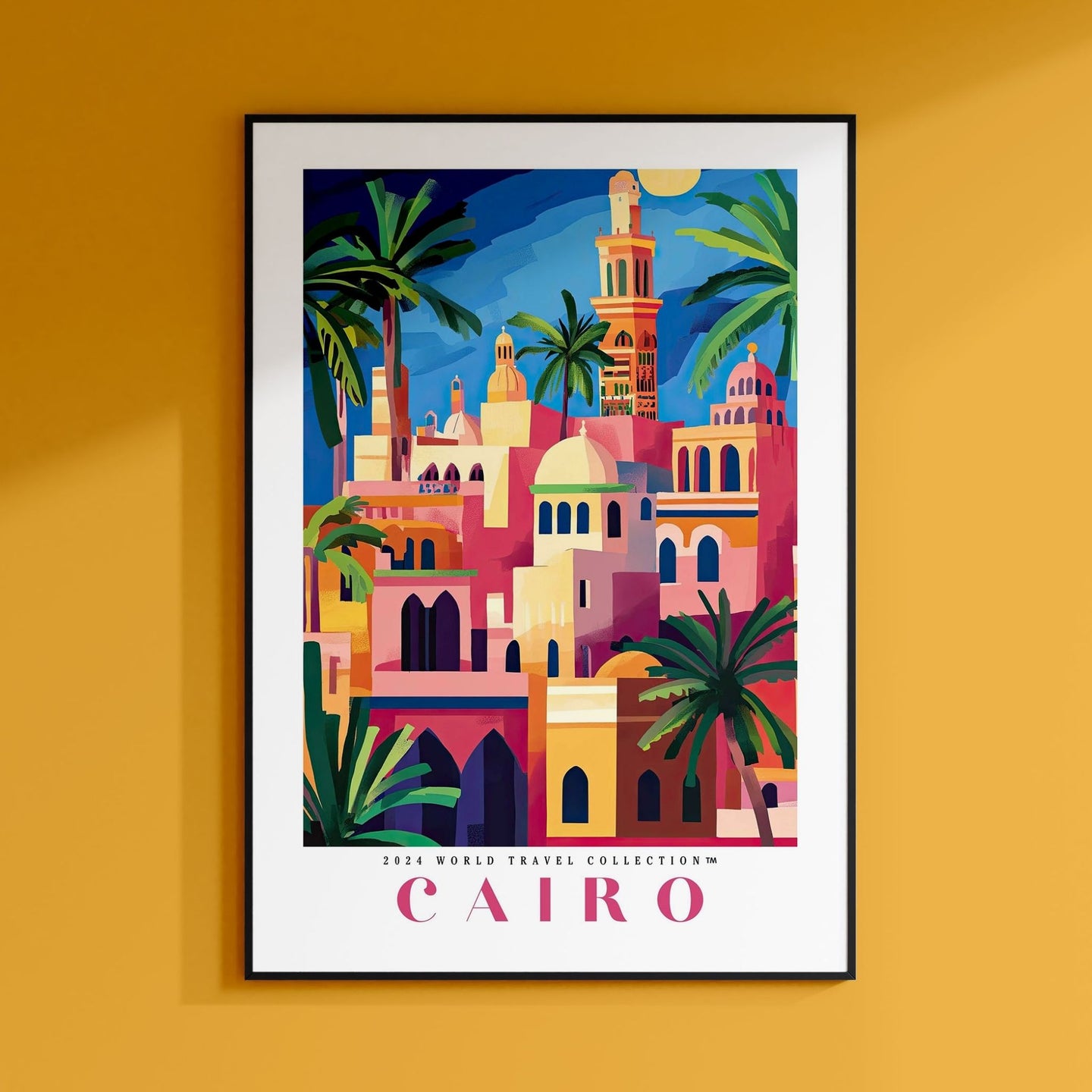 a poster of a city with palm trees