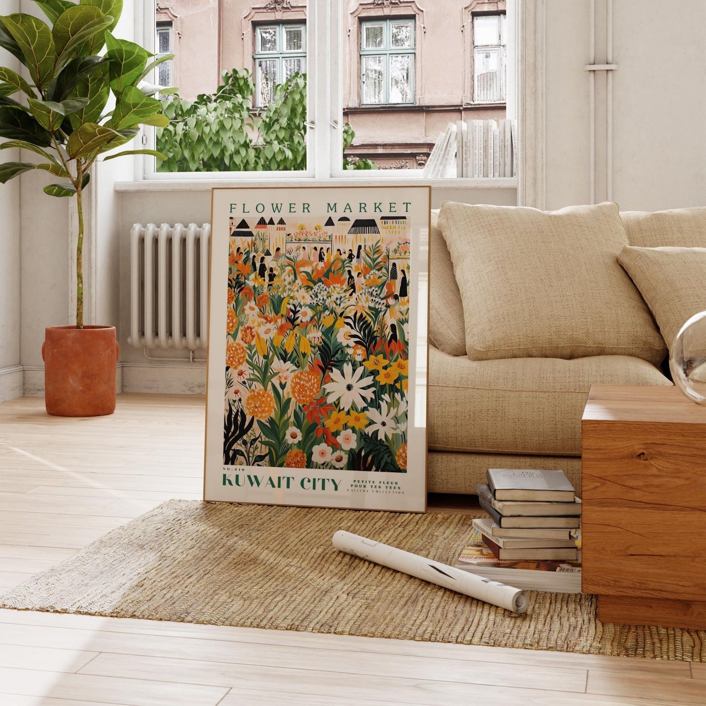 a living room with a couch and a poster on the floor