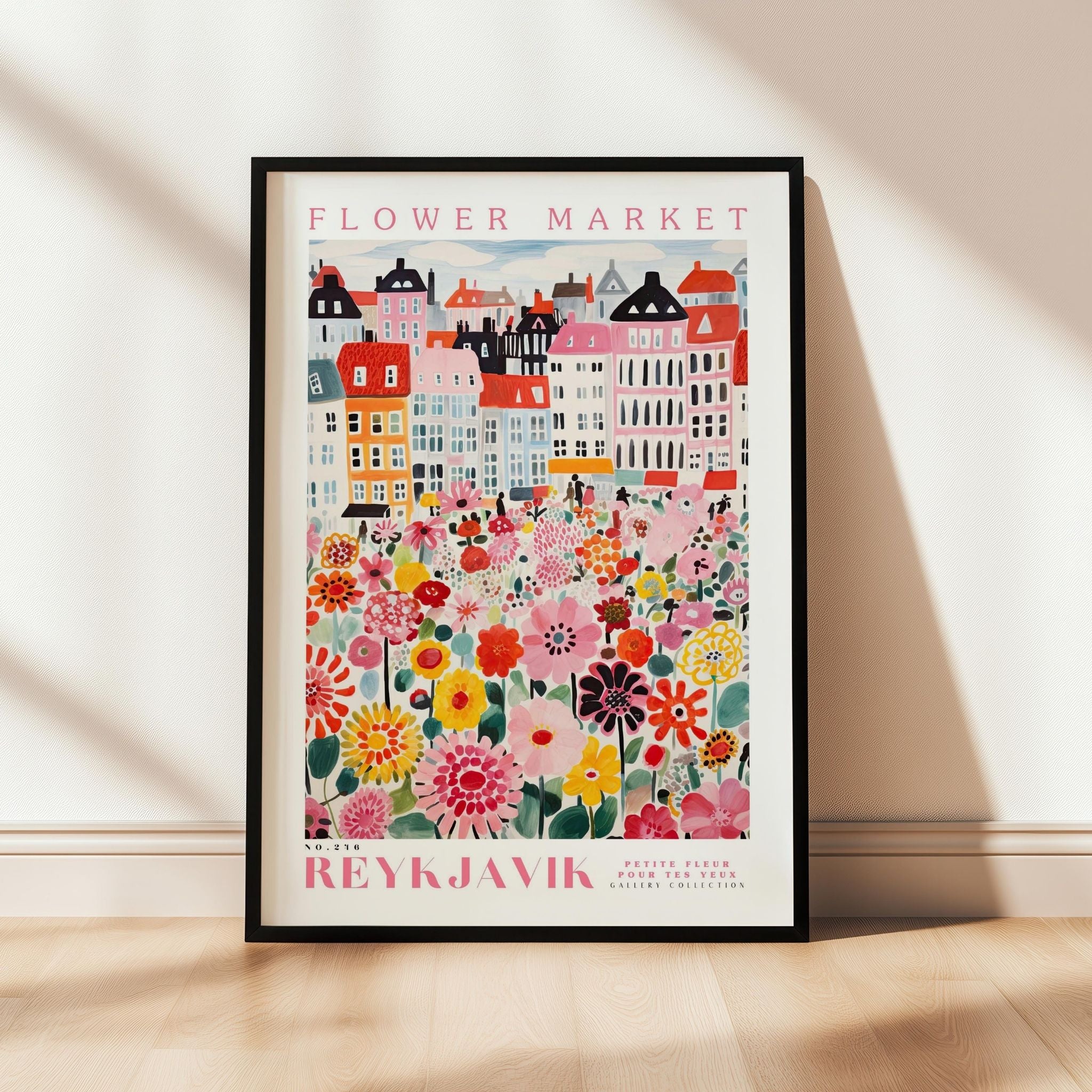 a flower market poster hanging on a wall