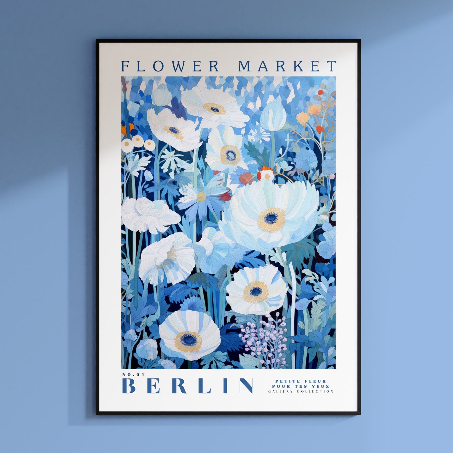 a blue flower market poster hanging on a wall