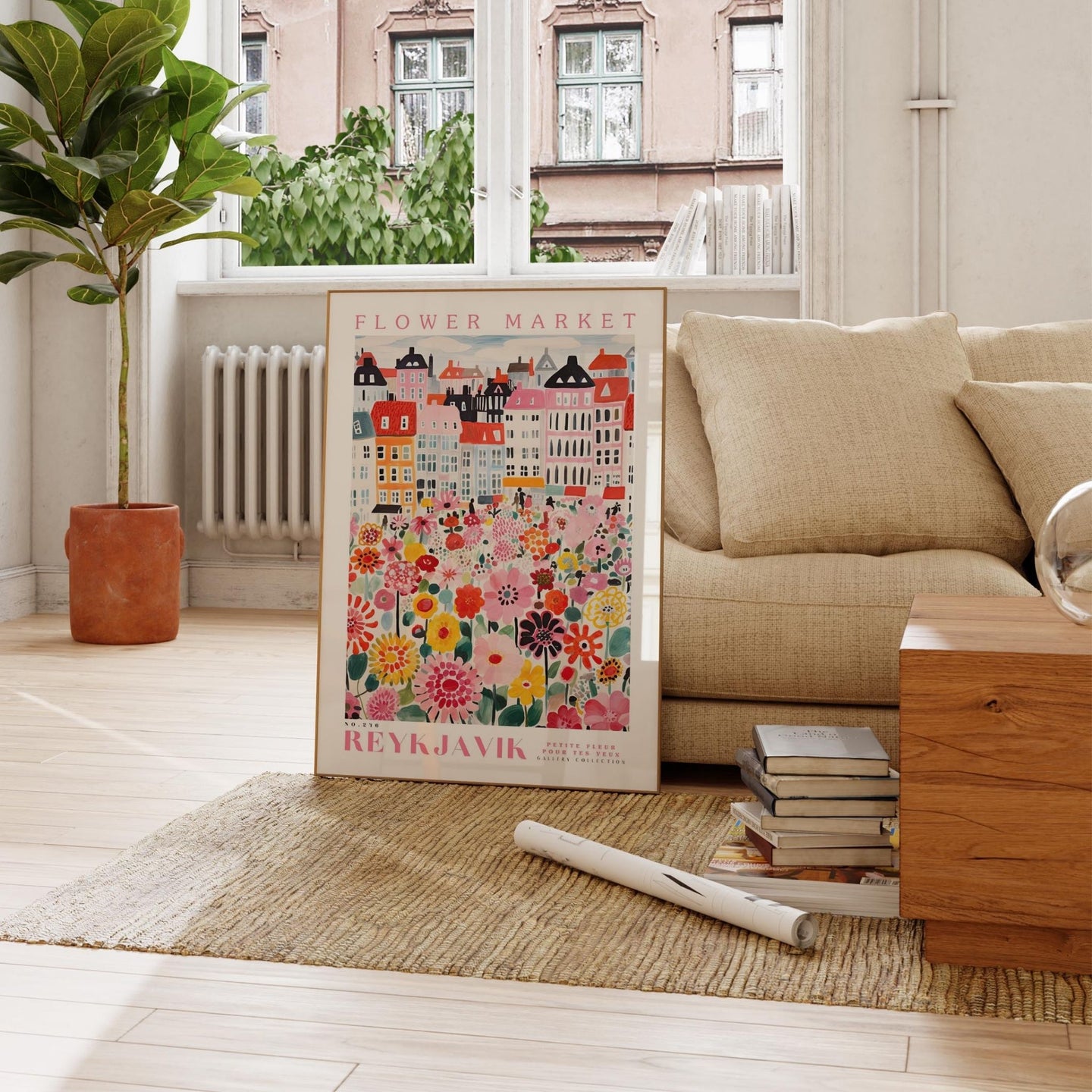 a living room with a couch and a poster on the floor