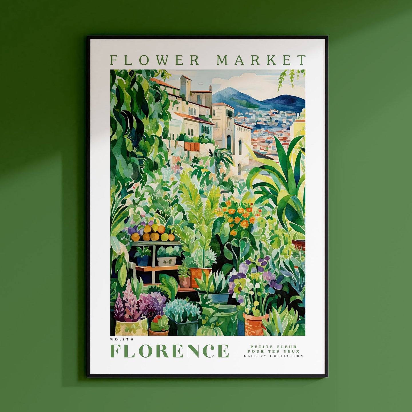 a green wall with a picture of a flower market