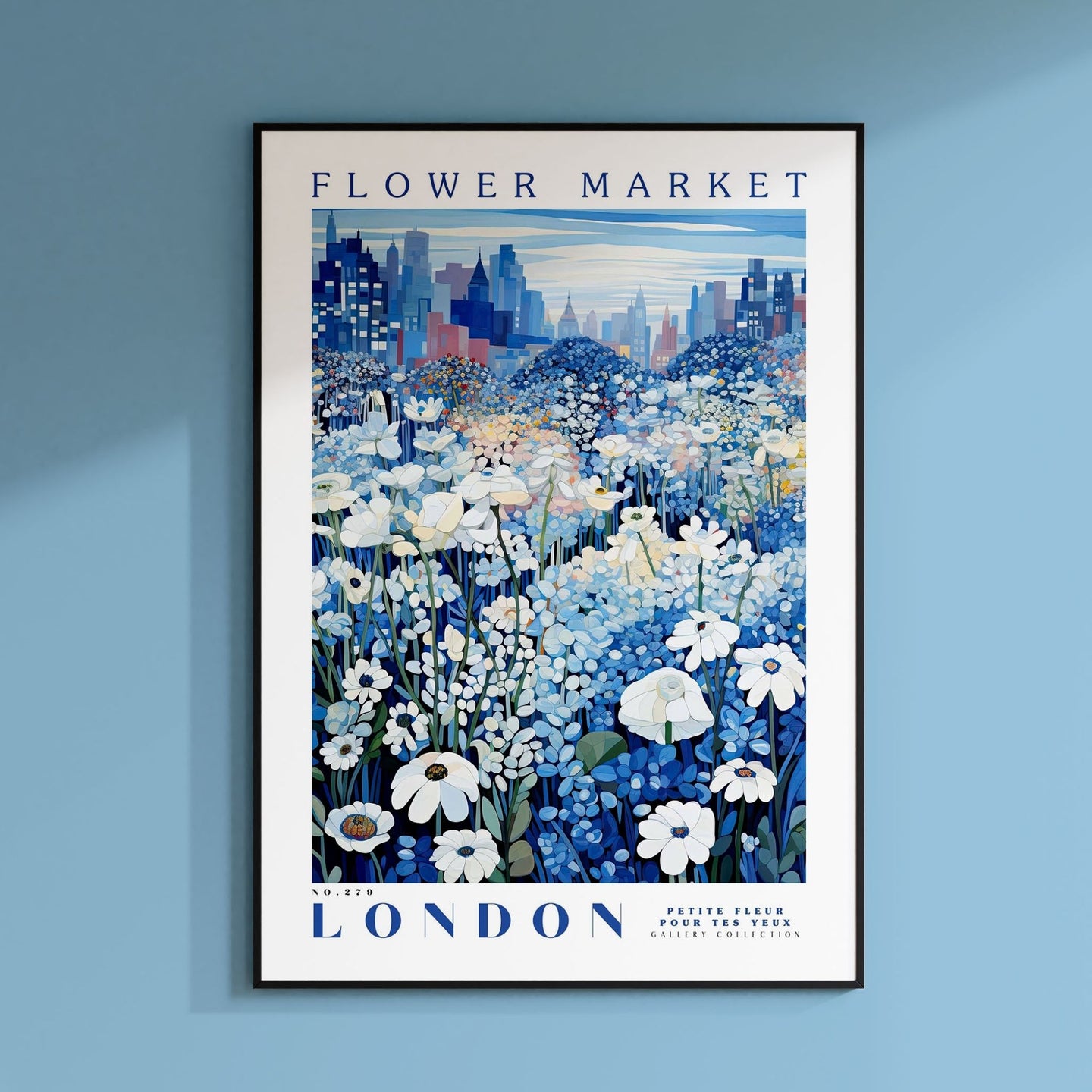 a poster hanging on the wall of a blue room