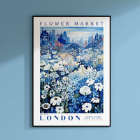 a poster hanging on the wall of a blue room