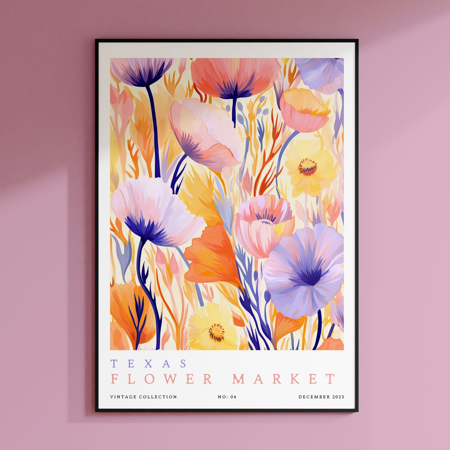 a painting of flowers on a pink wall
