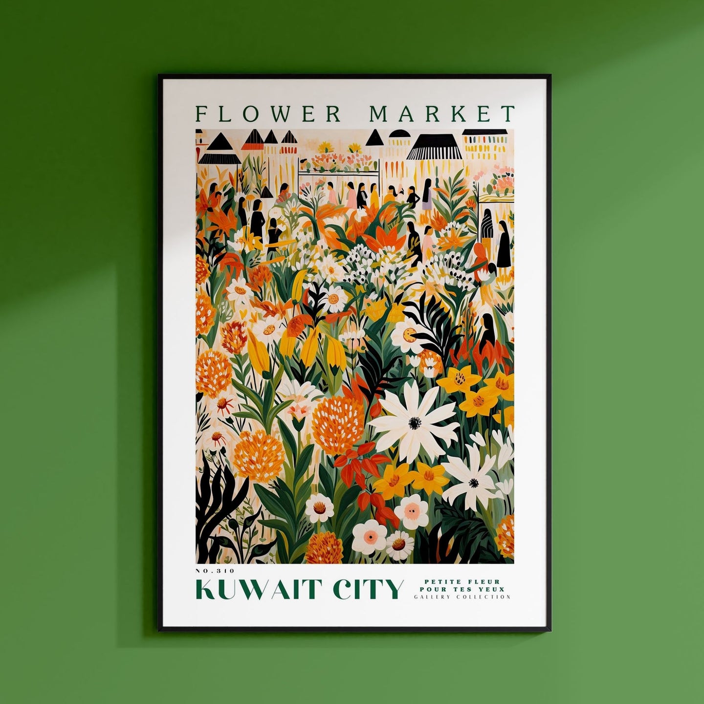 a green wall with a picture of a flower market