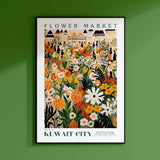 a green wall with a picture of a flower market