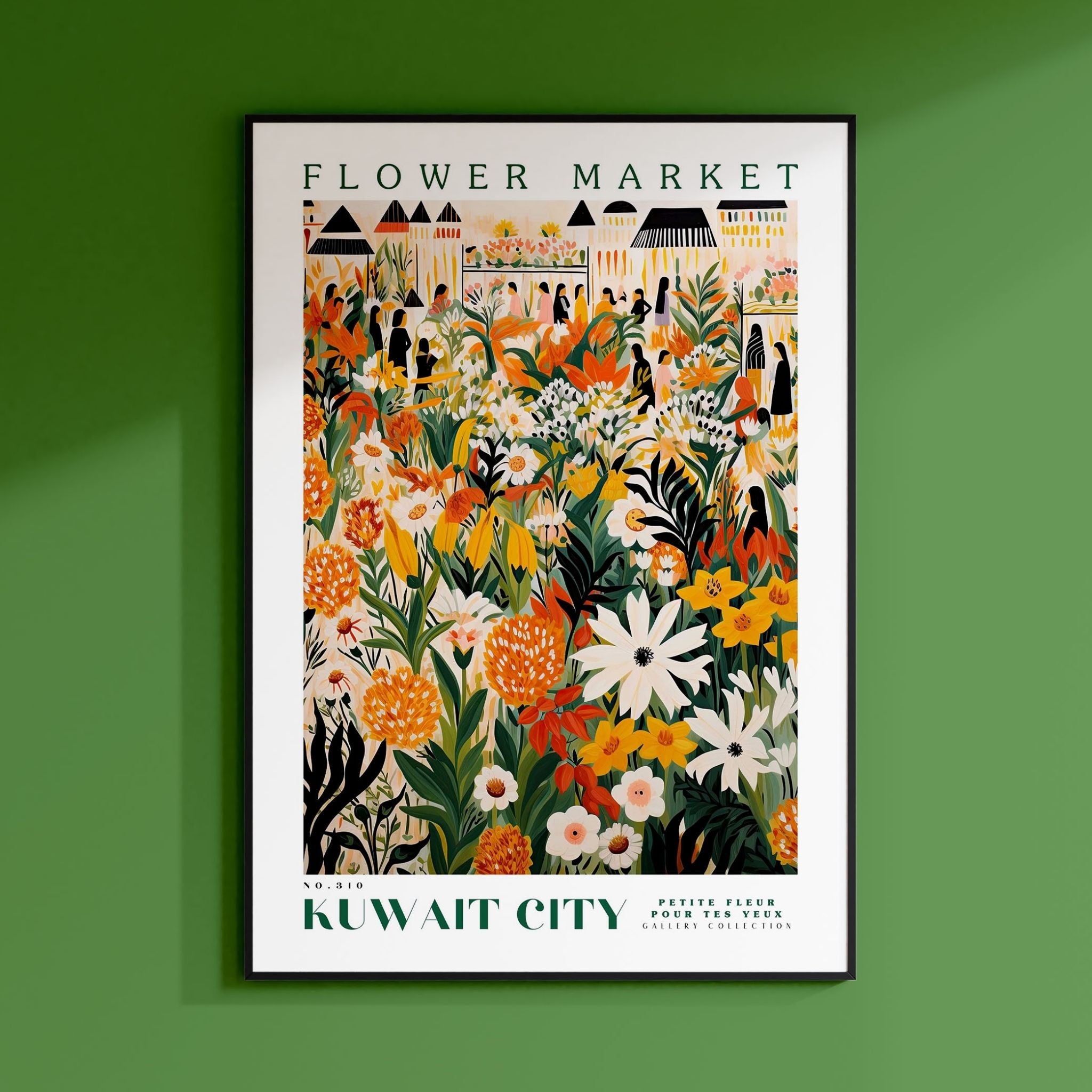 a green wall with a picture of a flower market