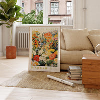 a living room with a couch and a painting on the floor