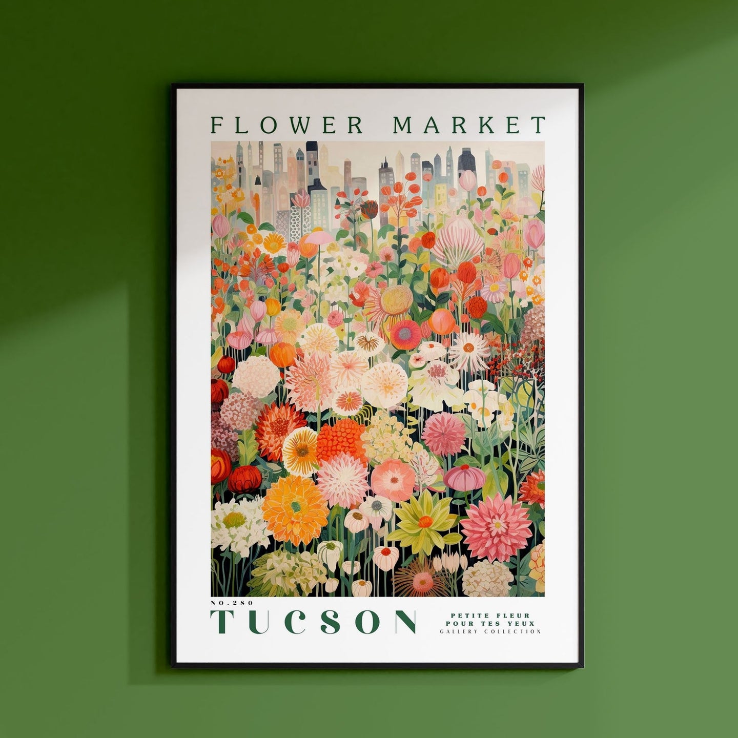 a picture of a flower market on a green wall