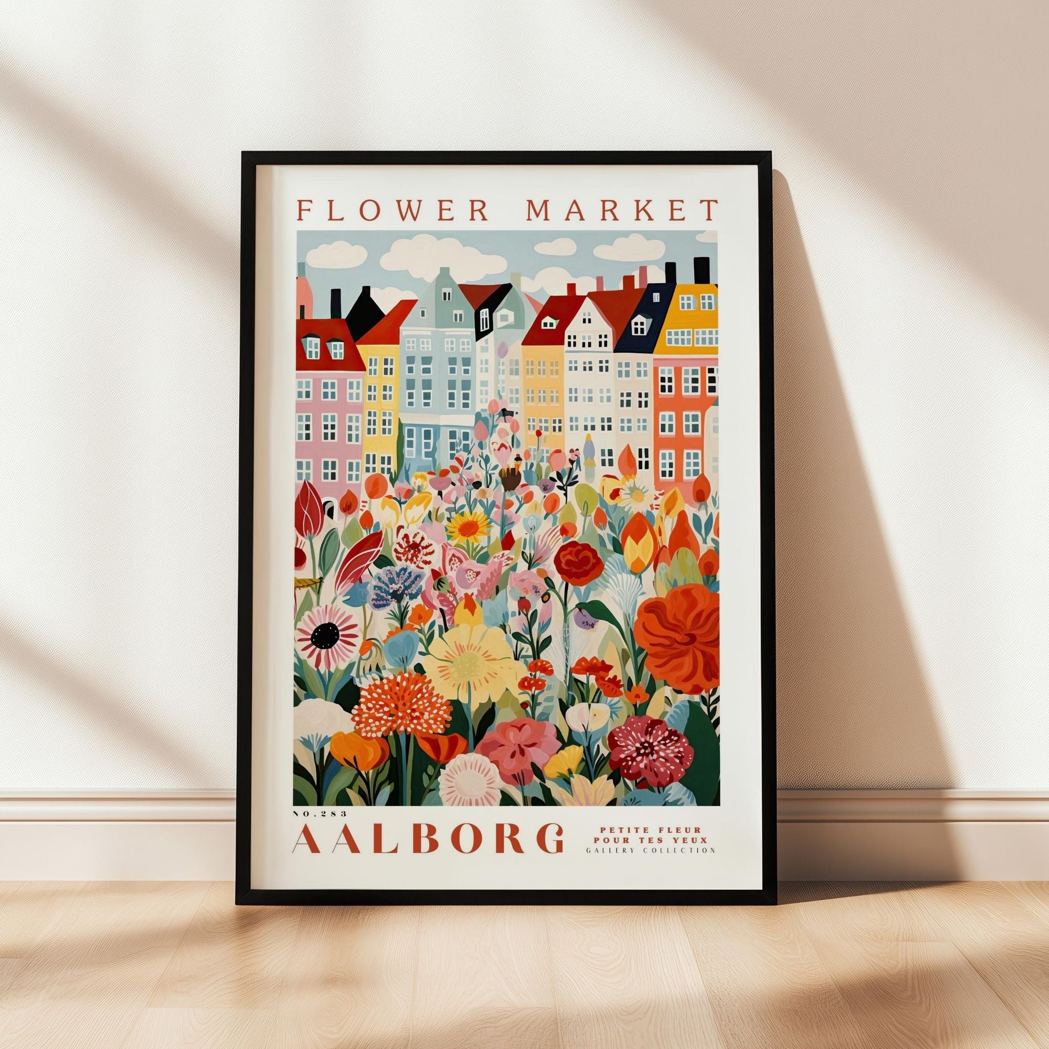 a flower market poster hanging on a wall