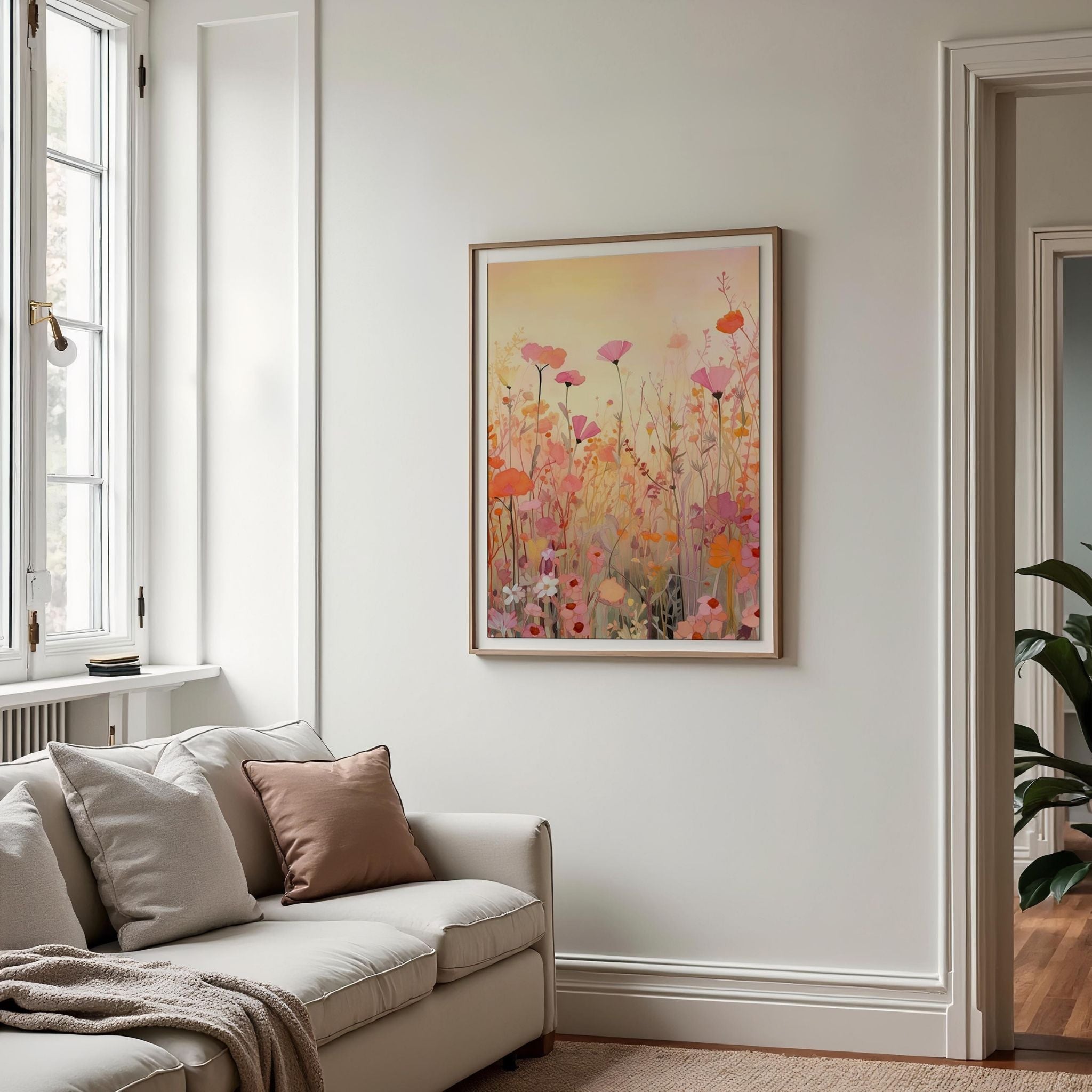 a living room with a couch and a painting on the wall