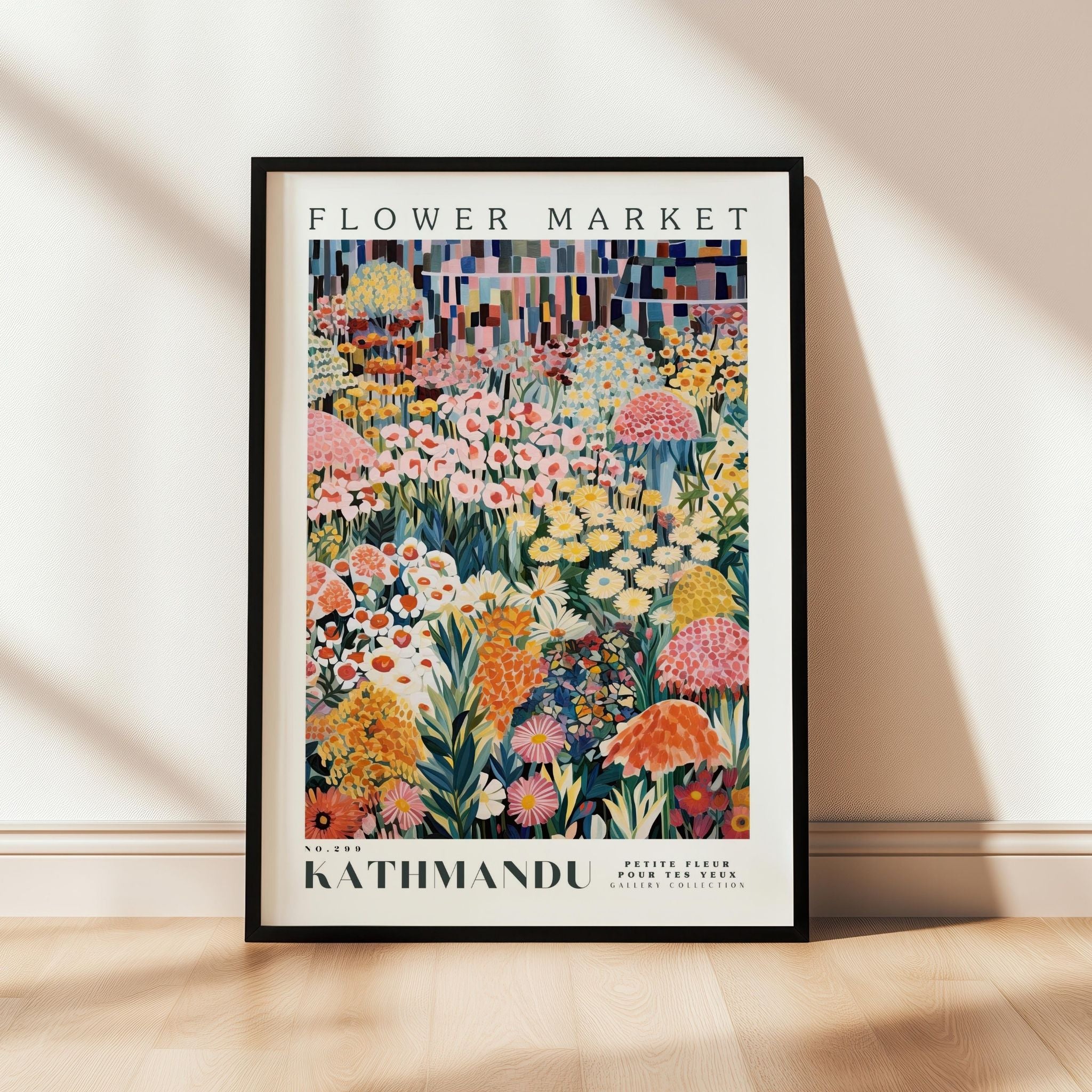 a flower market poster hanging on a wall