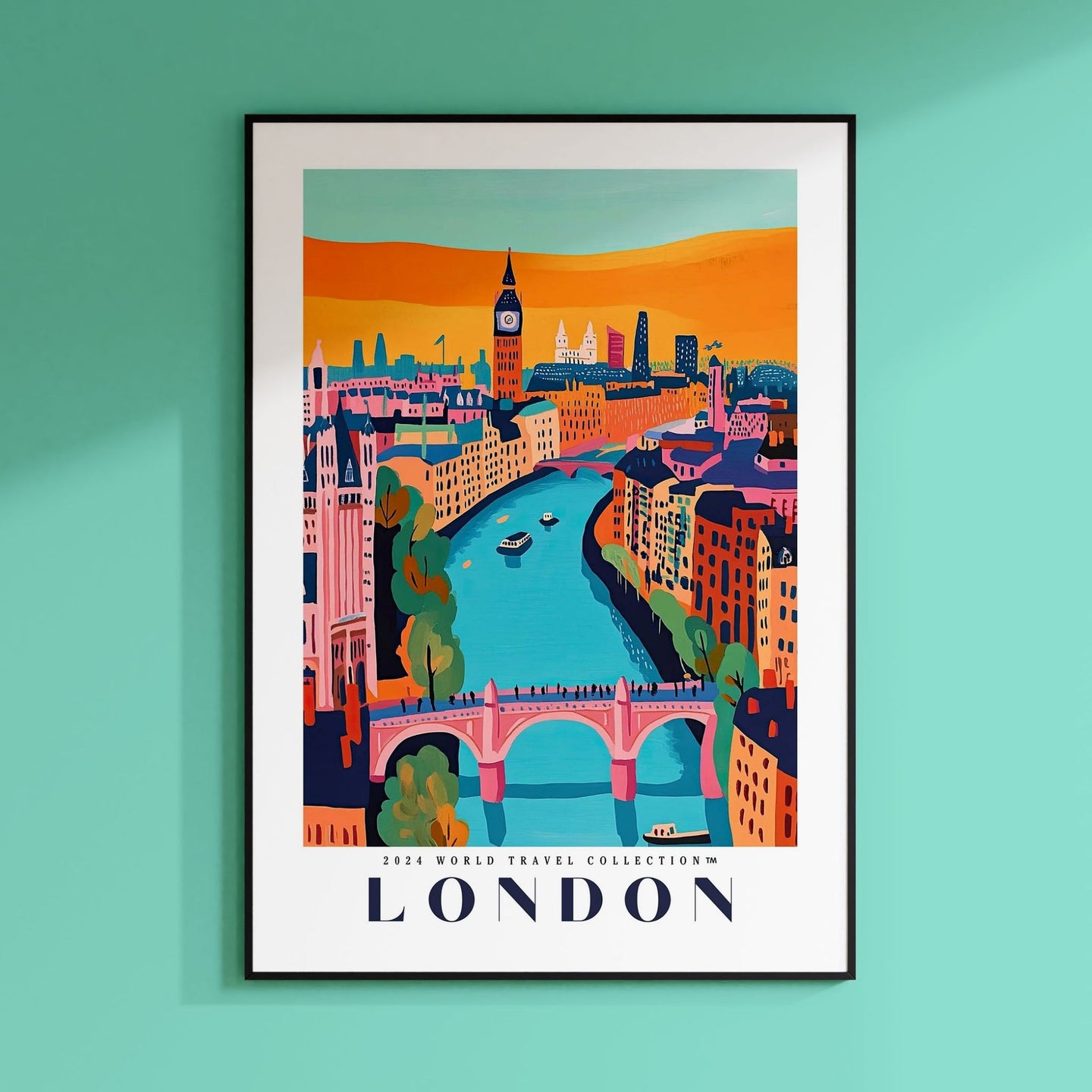 a picture of a london poster hanging on a wall