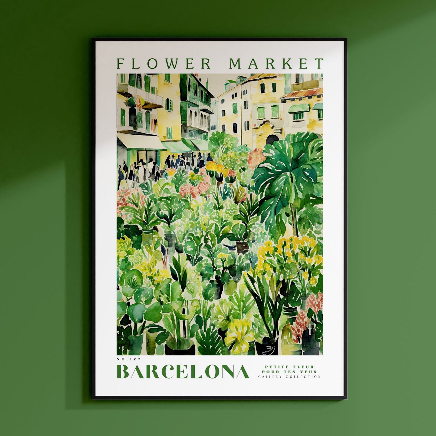 a green wall with a picture of a flower market