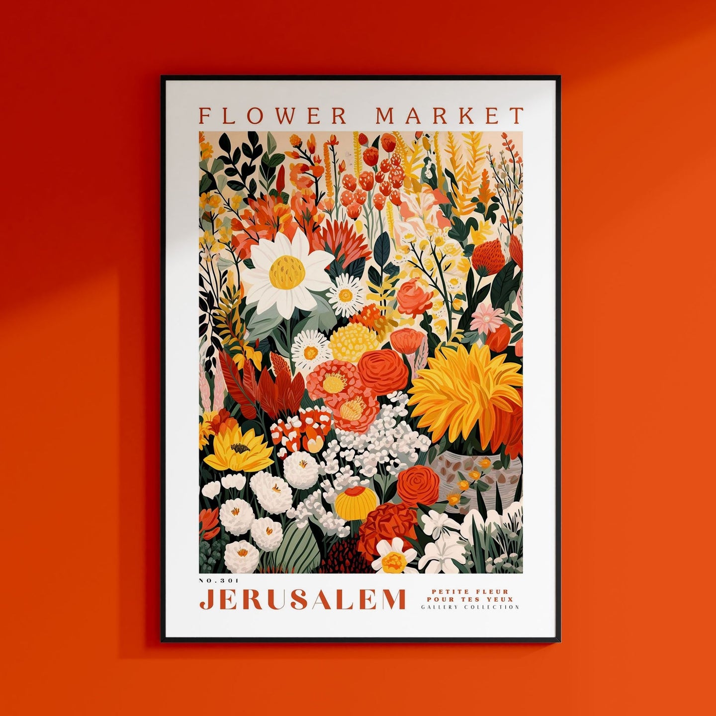 a flower market poster hanging on a wall