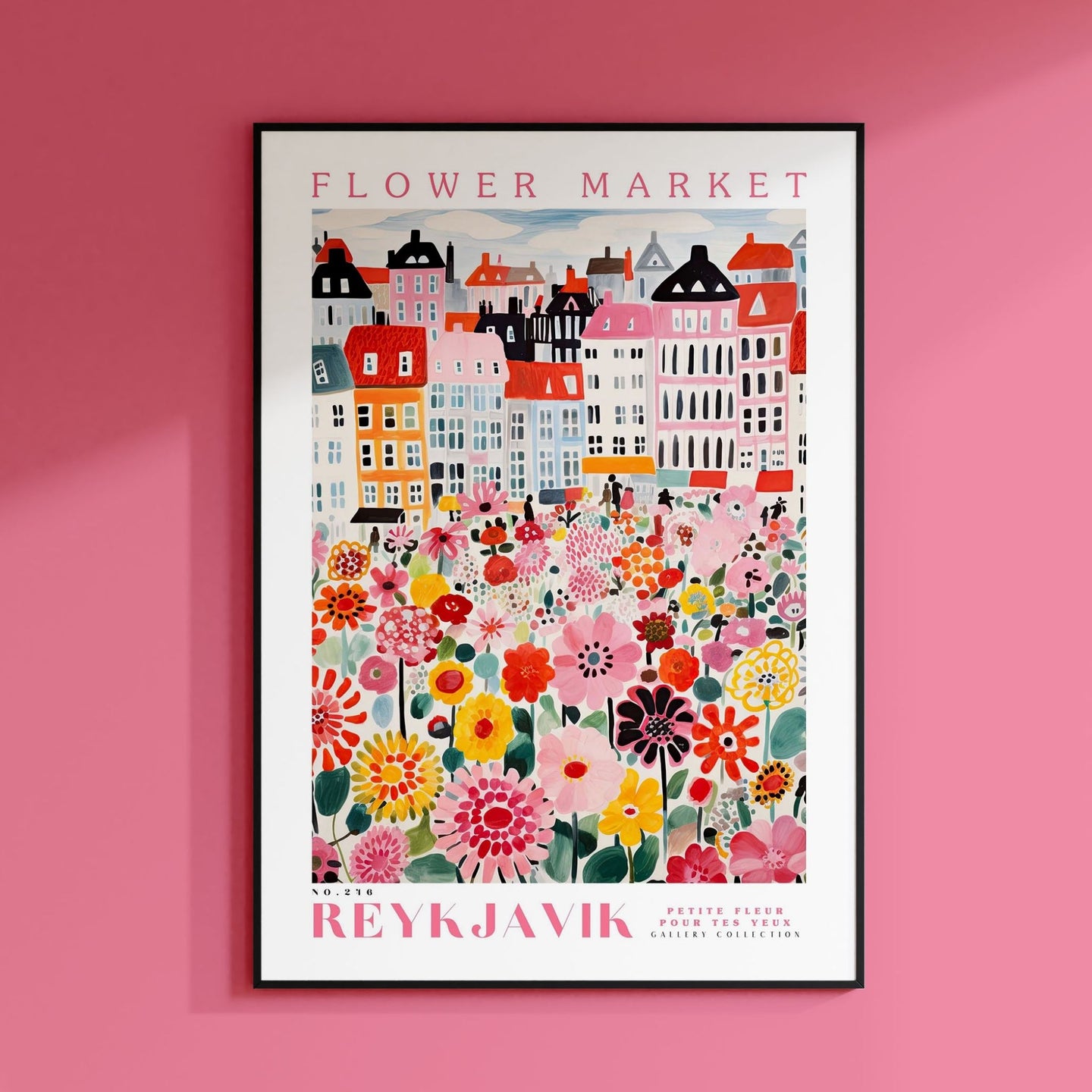 a flower market poster hanging on a pink wall