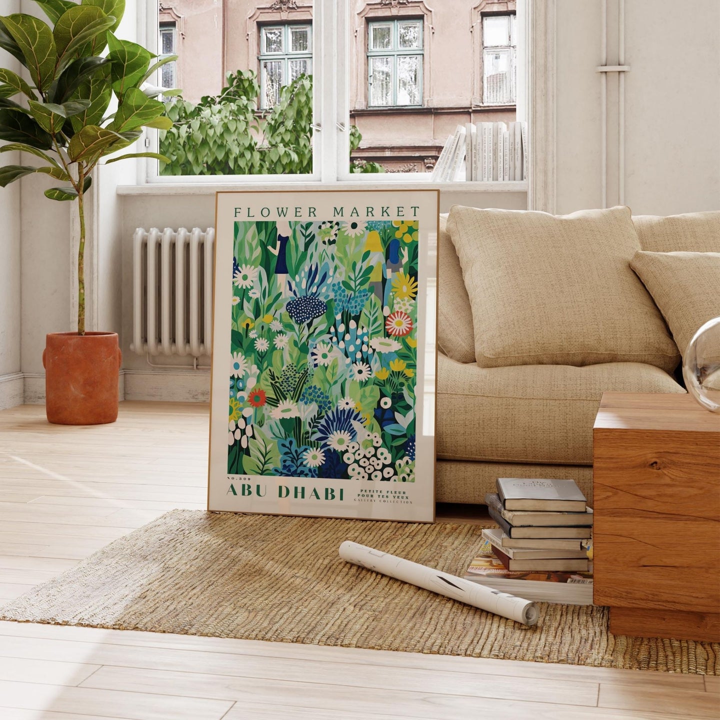 a living room with a couch, coffee table and a poster on the floor
