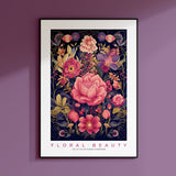 a framed poster of flowers on a purple wall