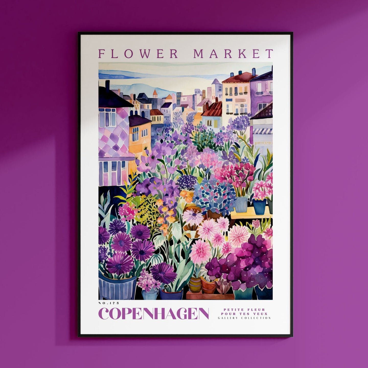 a picture of a flower market on a purple wall