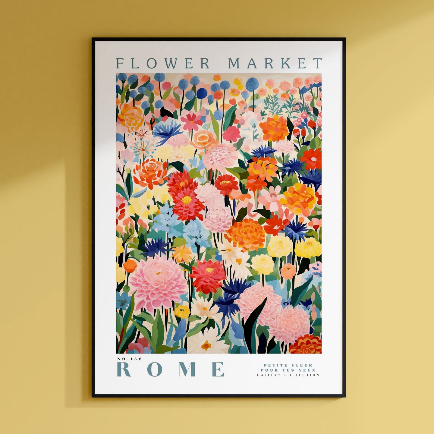 a flower market poster hanging on a wall