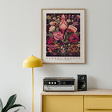 a picture hanging on a wall above a radio