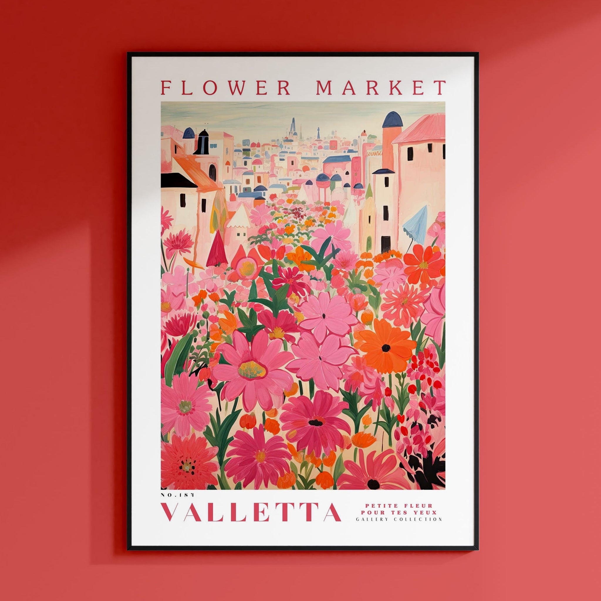 a red wall with a poster of a flower market