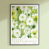 a green and white flower market poster hanging on a wall