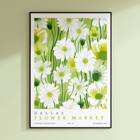a green and white flower market poster hanging on a wall