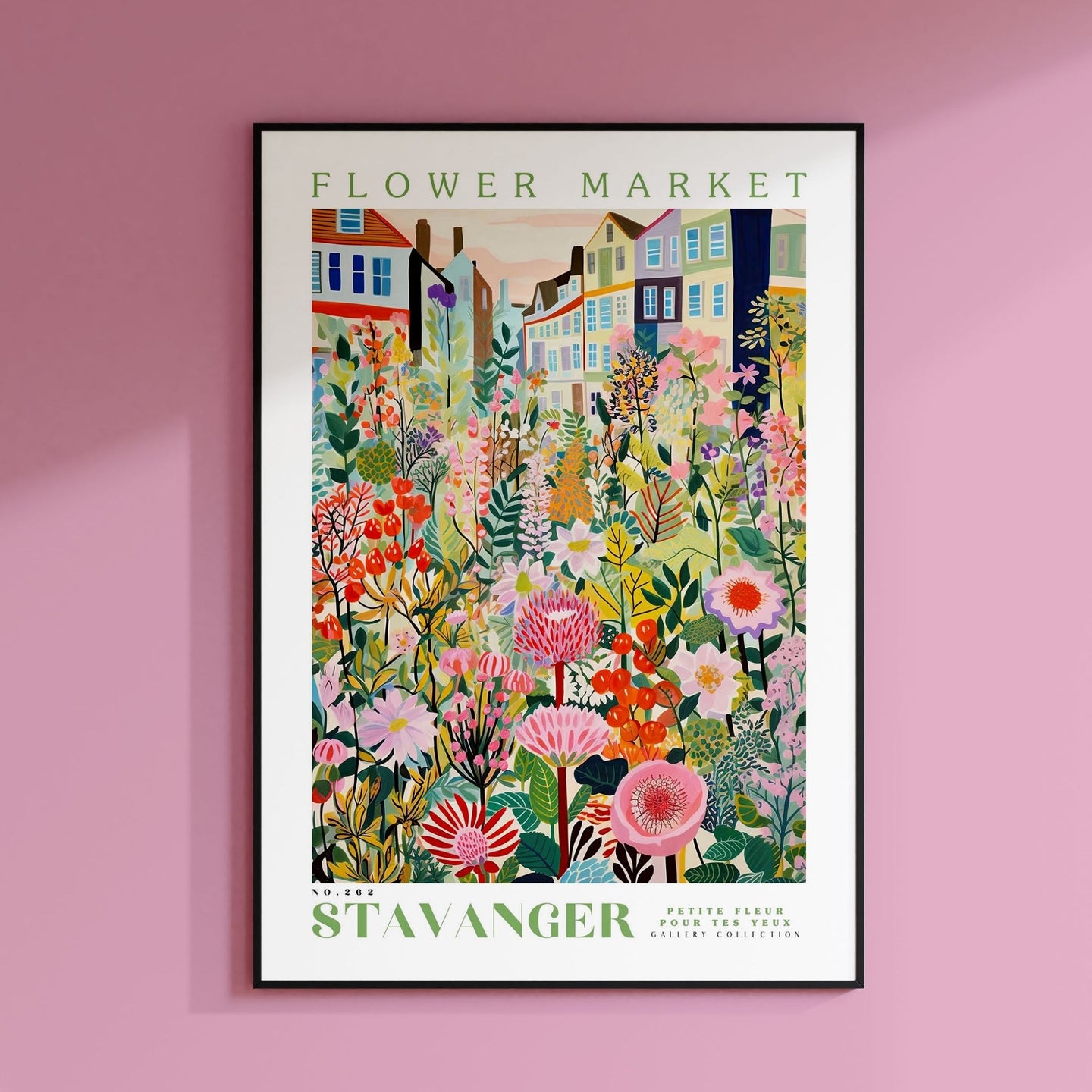 a pink wall with a picture of a flower market