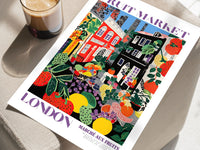 Fruit Market London, London Travel Art, Purple Wall Decor, Fruit Market Print, Fruit Market Poster, London City Art, Colorful Wall Art