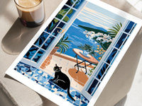 Cat on Blue Floral Balcony, Animal Wall Art, Boho Botanical, Cute Kitten Print, Cat Wall Art, Italy Travel Poster, Landscape Art, Black cat