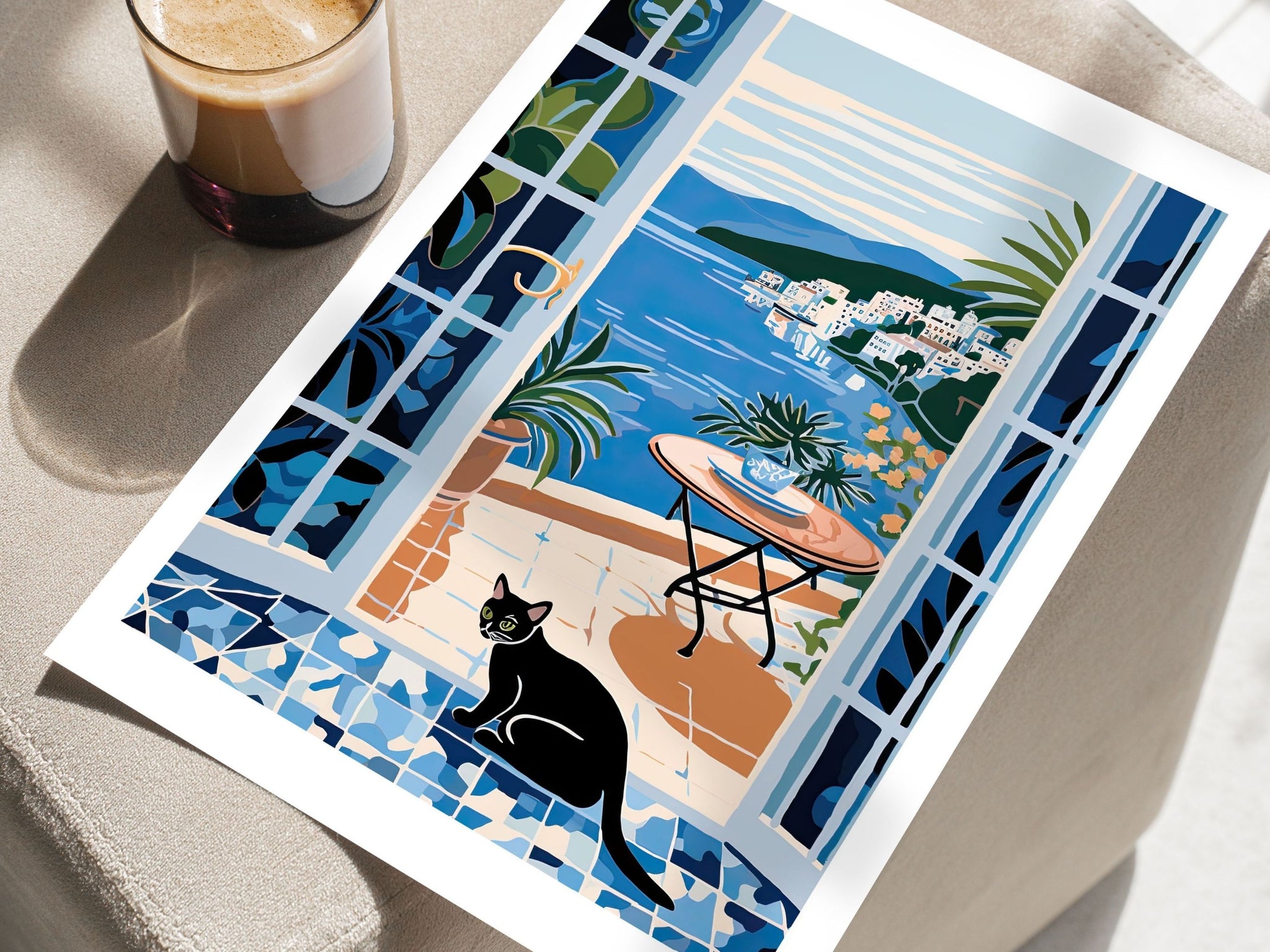 Cat on Blue Floral Balcony, Animal Wall Art, Boho Botanical, Cute Kitten Print, Cat Wall Art, Italy Travel Poster, Landscape Art, Black cat