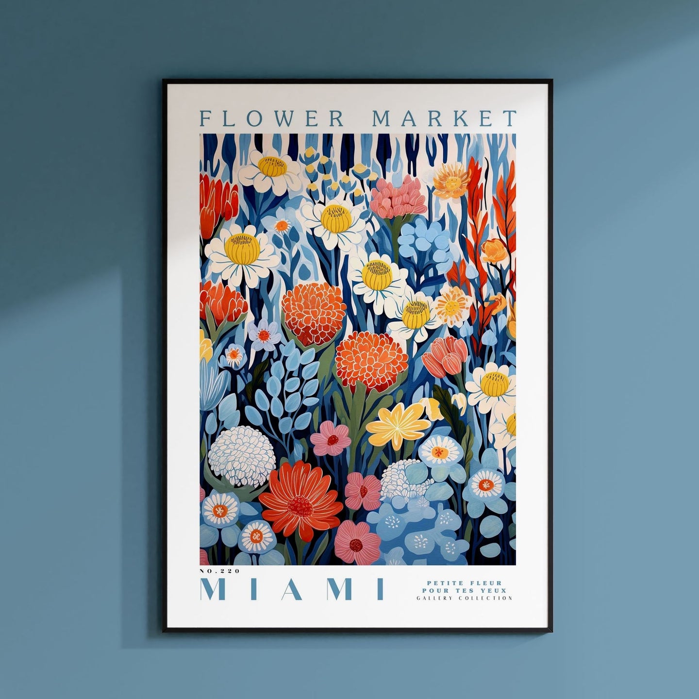 a poster of flowers on a blue wall