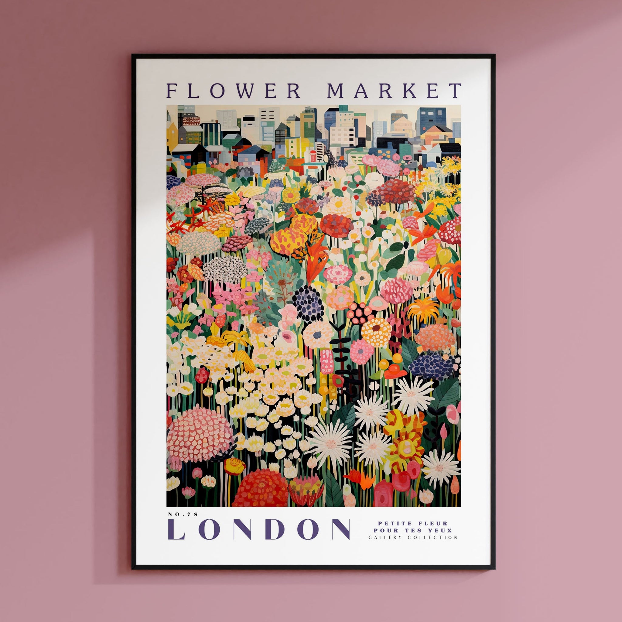 a flower market poster hangs on a pink wall