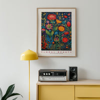 a painting hanging on a wall above a radio