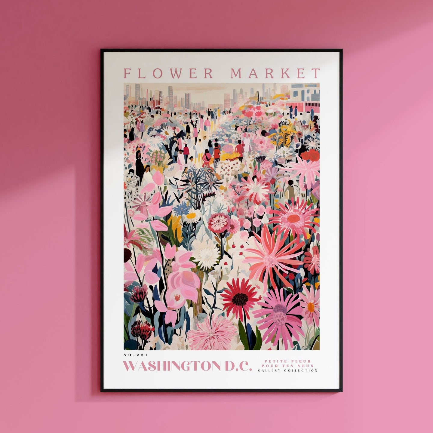 a pink wall with a flower market poster on it