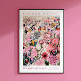 a pink wall with a flower market poster on it
