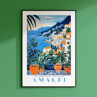 a green wall with a picture of a town on it