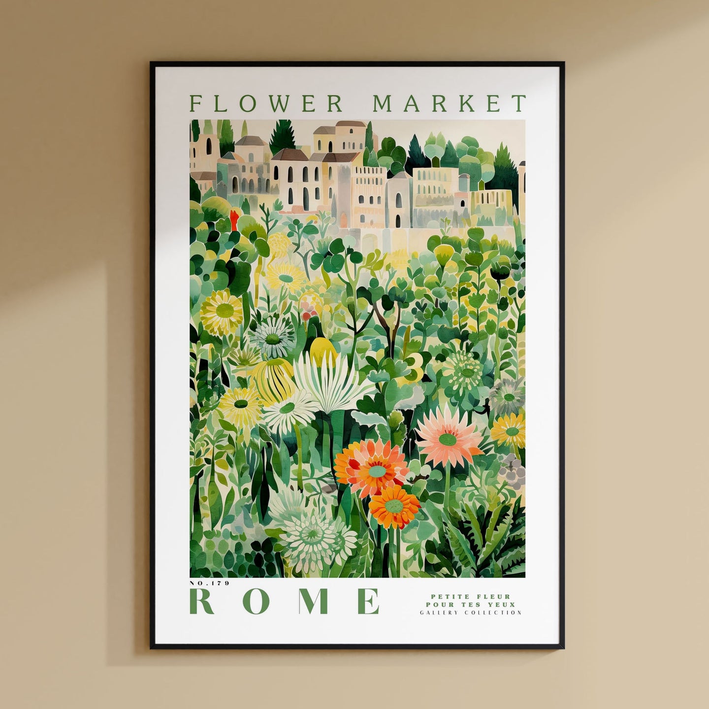 a flower market poster hanging on a wall