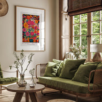 a living room filled with furniture and a painting on the wall