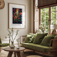 a living room filled with furniture and a painting on the wall