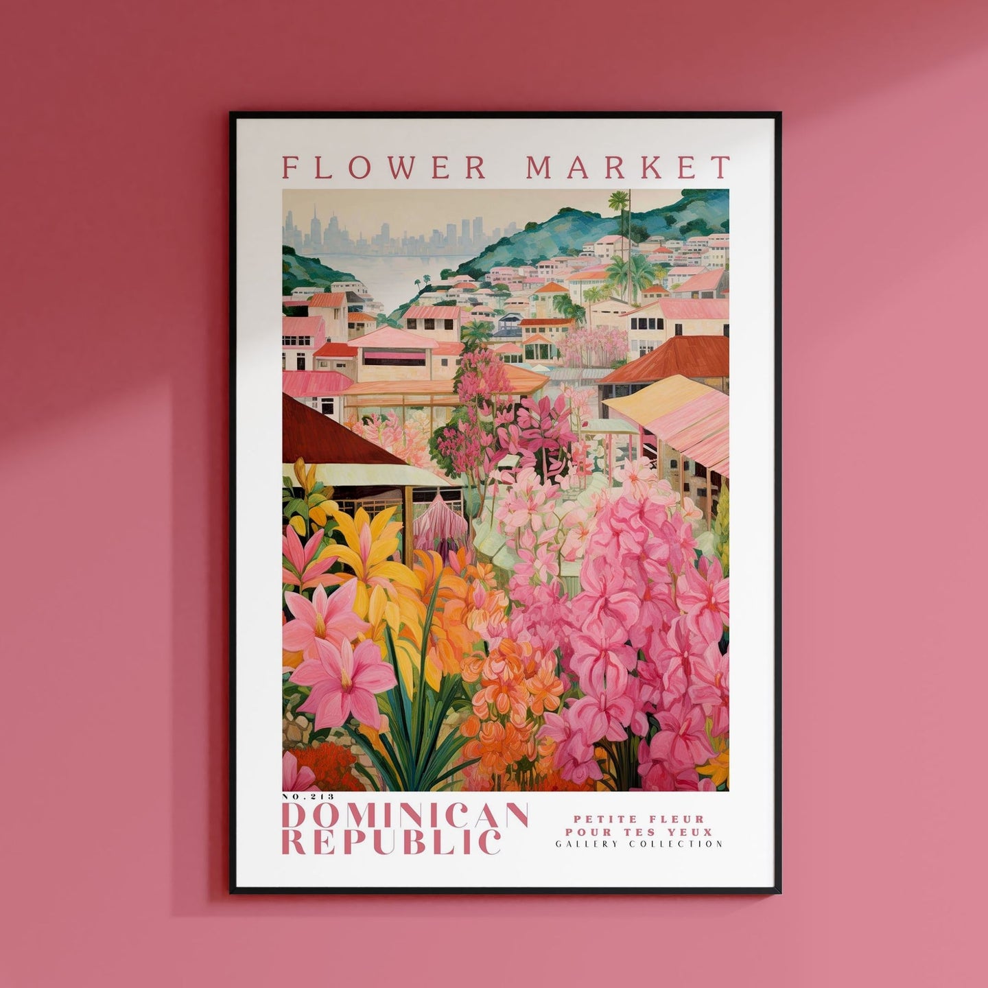 a pink wall with a picture of a flower market