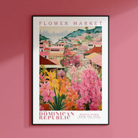 a pink wall with a picture of a flower market