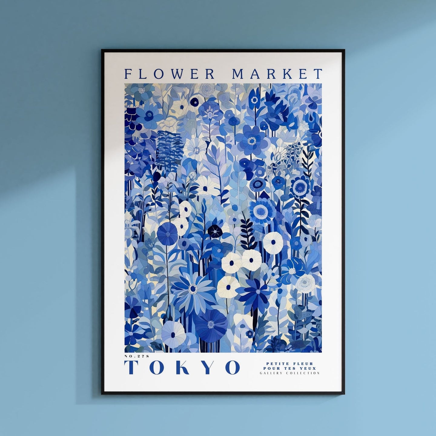 a blue flower market poster hanging on a wall