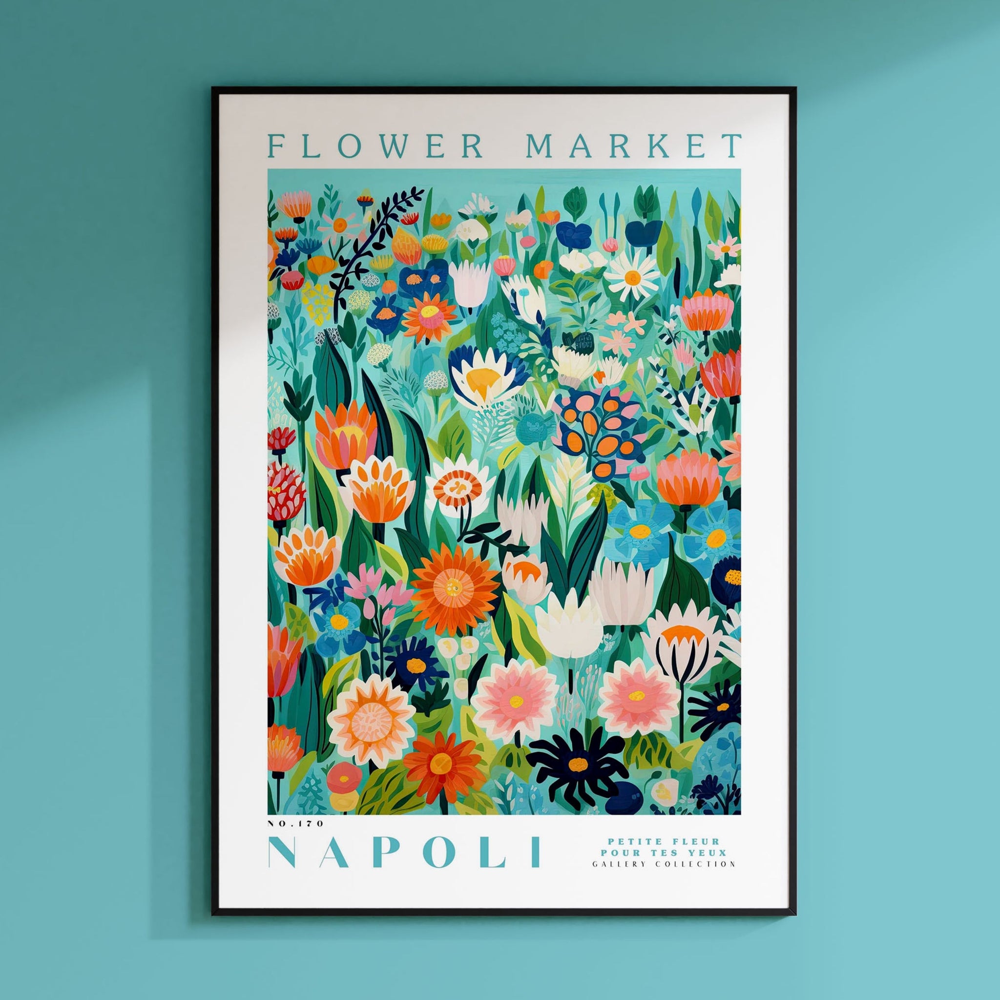 a flower market poster hanging on a wall