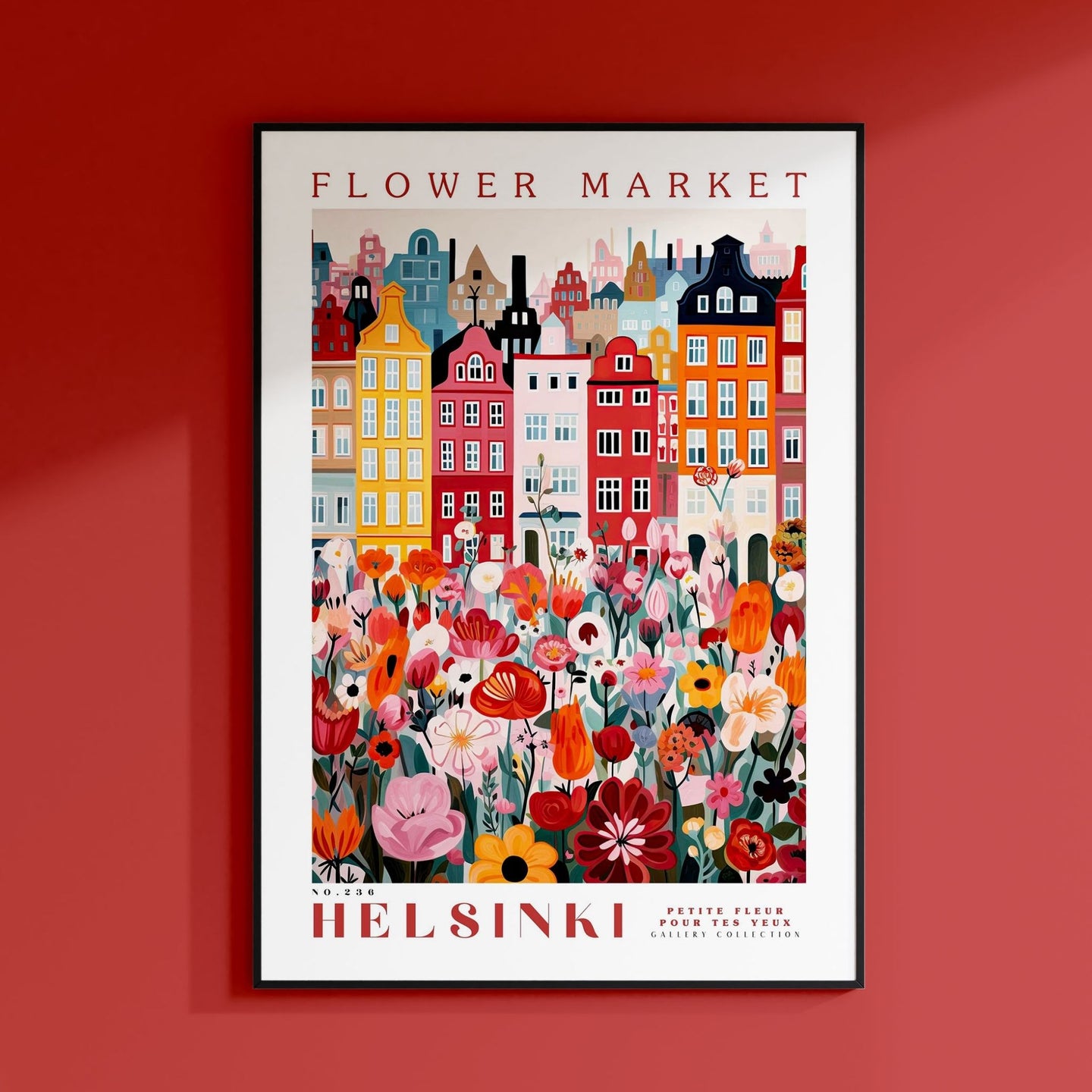 a red wall with a picture of a flower market