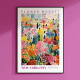 a pink wall with a poster of a flower market