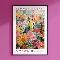 a pink wall with a poster of a flower market